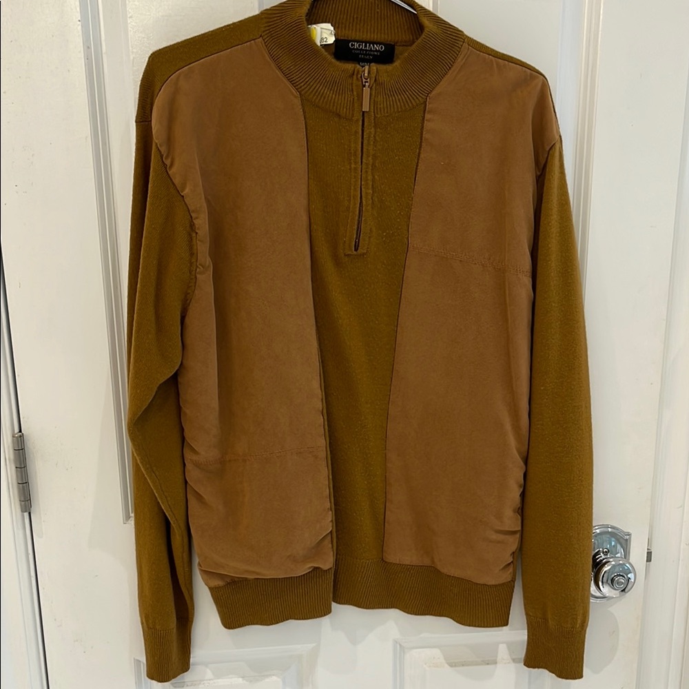 Brown Zip Up Sweater with Crew Neck